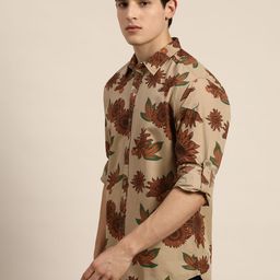 Moda Rapido Men Beige & Brown Slim Fit Floral Printed Cotton Sustainable Shirt-image-4