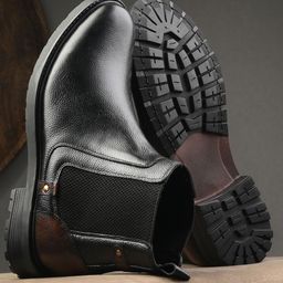 GALEX Men Leather Round Toe Chelsea Boots Slip-On Sneakers-2