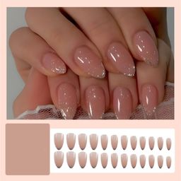 Gloss & Go 24 Reusable Artificial Fake Nail Set| Peach Color With Silver Zari Tip Design Almond Glossy Nails| Lightweight & Long Lasting| Quick Fix For Festivals & Special Occasions image 5