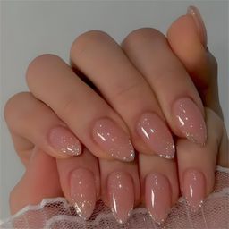 Gloss & Go 24 Reusable Artificial Fake Nail Set| Peach Color With Silver Zari Tip Design Almond Glossy Nails| Lightweight & Long Lasting| Quick Fix For Festivals & Special Occasions image 1