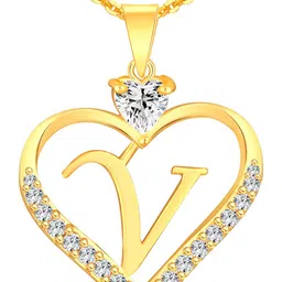 Heer Collection Cubic Zircon Studded Heart Shape Alphabet 'V' Pendant With Chain image 3