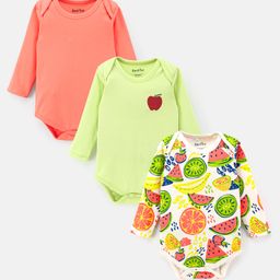 Bonfino 100% Cotton Interlock Frill Sleeves Rompers Watermelon & Orange Print Pack of 3- Green & Pink-picture-4