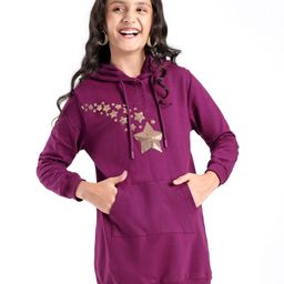 Pine Kids Cotton Looper Hooded Sweatshirt Dress with Kangaroo Pocket & Star Sequin- Plum Caspia-image-17