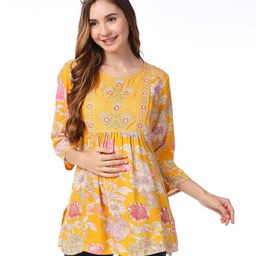 Bella Mama Woven Embroidered Yoke With Three Fourth Sleeves Maternity Top - Yellow-image-56