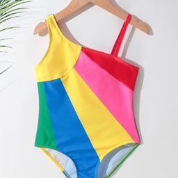 Pine Kids One Shoulder Sleeveless Striped  V Cut Swimsuit - Multicolor-picture-11