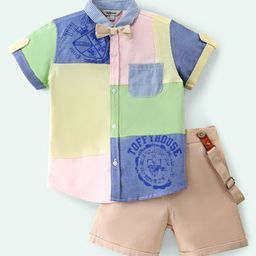 ToffyHouse 100% Cotton Woven Half Sleeves Printed Shirt & Shorts Set With Bow & Suspender - Beige-picture-46