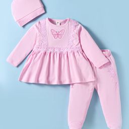 ToffyHouse Interlock Knit Full Sleeves Top & Footed Lounge Pant Set With Butterfly Embroidery Lace Detailing & Cap - Pink-picture-3