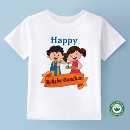 BLUSHES Rakhi Theme 100% Cotton Half Sleeves Happy Raksha Bandhan Text Printed Tee - White-image-49