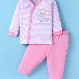 Zero Interlock Knit Full Sleeves Front Open Night Suit With Stripes & Bunny Print - Light Pink-picture-7
