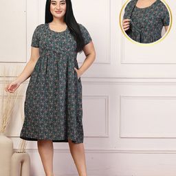 Zelena 100% Cotton Half Sleeves Floral Printed Zipless Feeding Dress With Pockets - Dark Green-10