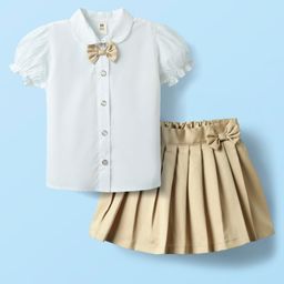 ToffyHouse Cotton Woven Half Sleeves Solid Top & Skirt Set With Bow Applique - Off White & Khaki-image-82