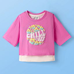 Pine Kids Cotton Knit Half Drop Shoulder Sleeves T-Shirt with Inner Tee & Text Puff Print - Pink-picture-18