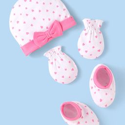 Babyhug 100% Cotton Knit Cap Mittens & Booties With Heart Print & Bow Applique White & Pink - Diameter 10 cm-image-95