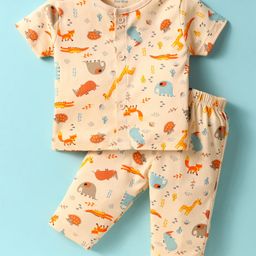 Child World Interlock Knit Half Sleeves Night Suit with Jungle Theme Print - Lemon-image-44
