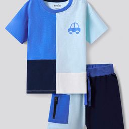 Bonfino 100% Cotton Knit Half Drop Shoulder Sleeve Oversized Cut & Sew T-Shirt & Shorts Set with Car Print - Navy Blue White & Blue-image-52