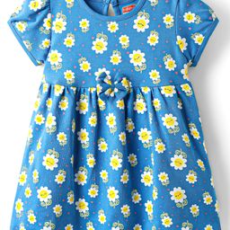 Babyhug Single Jersey Knit Half Sleeves Floral Printed Frock with Bow Applique - Royal Blue-image-51