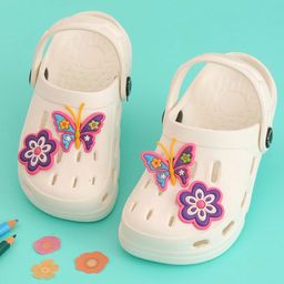 Yellow Bee Butterfly & Floral Applique Detailed Perforated Clogs - White-picture-16