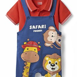 Babyhug Single Jersey Knit Half Sleeves Polo T-Shirt & Dungaree With Animal Print - Red & Blue-image-51
