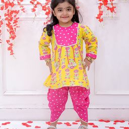 KID1 Cotton Three Fourth Sleeves Floral Motifs Printed Kurta Dhoti Set - Yellow & Pink-image-56