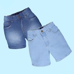 Kiddopanti Denim Woven Pack Of 2 Solid & Mild Washed Shorts - Mid Wash Blue & Light Wash Blue-image-6
