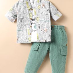 WOW Clothes Sinker Knit Full Sleeves Shirt & Trouser Set With Animal Print & Sleeveless T-Shirt - Lemon Yellow-image-84