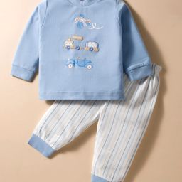Zero Fleece Knit Full Sleeves Winter Wear Suit Set with Vehicle Print - Light Blue & White-picture-31