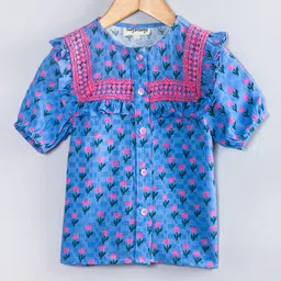 Hugsntugs Cotton Woven Half Puffed Sleeves Floral Printed & Lace Embellished Frock Style Top - Blue-picture-22