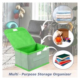 Kuber Industries Drawer Storage Box  Foldable Dhakkan Storage Box  Non-Woven Clothes Organizer For Toys  Storage Box with Handle  Small  Pack of 2  Green & Gray image 4
