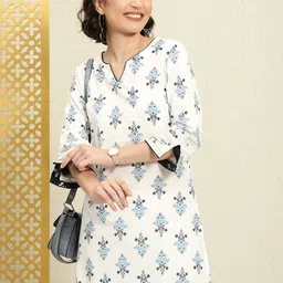 House of Pataudi Women White & Blue Printed Pure Cotton Rozana Straight Kurta-image-79