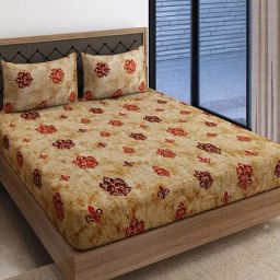 Swayam Zinnia Floral Brown 210 TC Cotton King Bedsheet with 2 Pillow Covers-picture-2