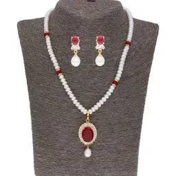 Sri Jagdamba Pearls Red & White Pearl Gold Plated Necklace Set-image-35