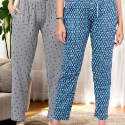 Kryptic Blue & Grey Cotton Relaxed Fit Printed Lounge Pants - Pack of 2-image-83