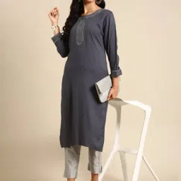 SHOWOFF Grey Embroidered Straight Kurta-image-76