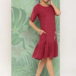 Yufta Maroon Floral Embroidered A-Line Ethnic Dress image 4