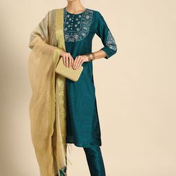 all about you Women Green & Gold-Toned Embroidered Sequinned Kurta with Trousers & Dupatta-7