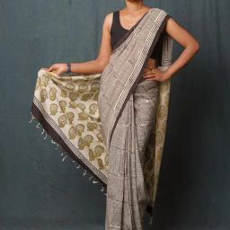 Unnati Silks Cream Silk Printed Saree With Unstitched Blouse-image-9