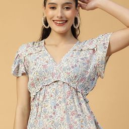 Oxolloxo Women Floral Print V-Neck Short sleeve Frill Detail Peplum Top-image-28