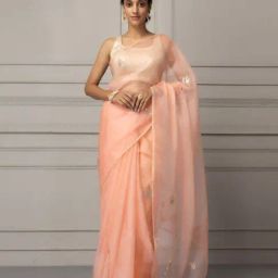 Geroo Jaipur Peach Handcrafted Gota Patti Organza Saree-image-42