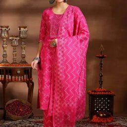 Libas Pink Bandhani Printed Straight Kurta with Chevon Printed Trouser and Printed Dupatta-image-4
