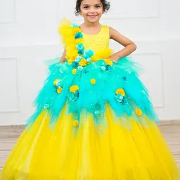 Li & Li Boutique Girls Mari Gold & Sky Blue Asymmetrical Frock With Flower & Bead Work-image-17
