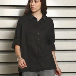 High Star Black Cotton Embellished Shirt-image-16