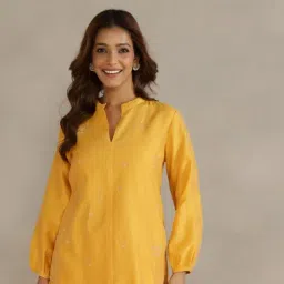 Fabindia Yellow Cotton Silk Hand Embroidered Tunic-picture-13