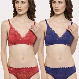 AROUSY Blue & Red Self Pattern Bra Panty Set - Pack Of 2-image-36