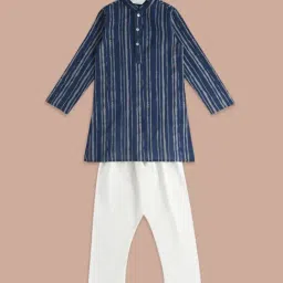 Indus Route by Pantaloons Kids Blue & White Cotton Striped Full Sleeves Kurta Set-image-79