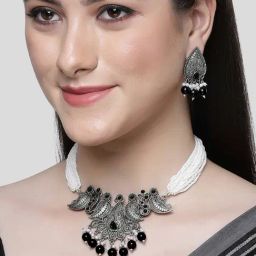 Karatcart Black Beads Oxidized Silver Jaipuri Choker Necklace Set for Women-image-95