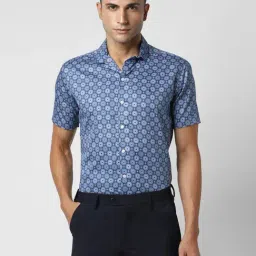 V Dot Blue Cotton Slim Fit Printed Shirt-image-19