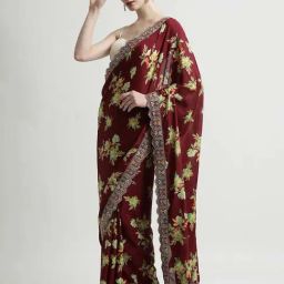 Jaipur Kurti Maroon Floral Print Saree With Unstitched Blouse-picture-48