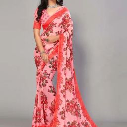 Satrani Rose Pink Floral Print Saree With Unstitched Blouse-image-64