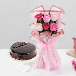 Truffle Delight Cake With Elegant Roses Bouquet-image-29