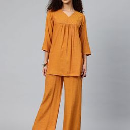 Cottinfab Embroidered Yoke Design Gathered Detail V-Neck Tunic with Palazzos-picture-4